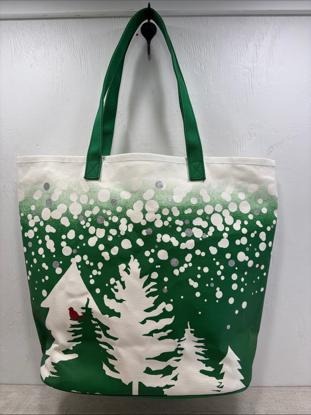 Barnes & Noble Punctuate Exclusive Holiday Canvas Tote Bag Green Winter Tree